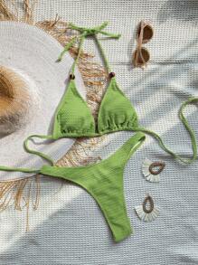 SHEIN Swim Summer Beach Ring Linked Halter Triangle Bikini Set - Lime Green - View 1