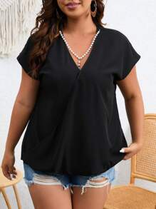 SHEIN LUNE Áo sơ mi Plus Size Ngọc trai Trọn gói màu trơn Thanh lịch - màu đen - Xem 5