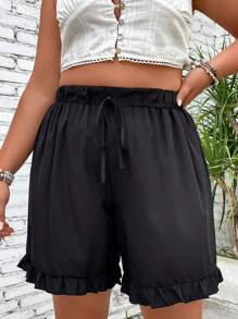 SHEIN LUNE Plus Tie Waist Ruffle Hem Paperbag Waist Shorts - Black - View 1
