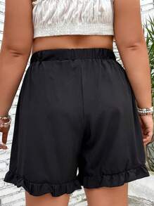 SHEIN LUNE Plus Tie Waist Ruffle Hem Paperbag Waist Shorts - Black - View 2