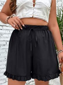 SHEIN LUNE Plus Tie Waist Ruffle Hem Paperbag Waist Shorts - Black - View 3