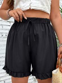 SHEIN LUNE Plus Tie Waist Ruffle Hem Paperbag Waist Shorts - Black - View 4