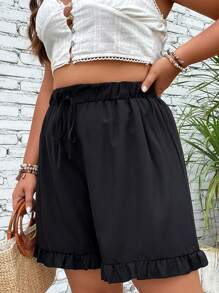 SHEIN LUNE Plus Tie Waist Ruffle Hem Paperbag Waist Shorts - Black - View 6