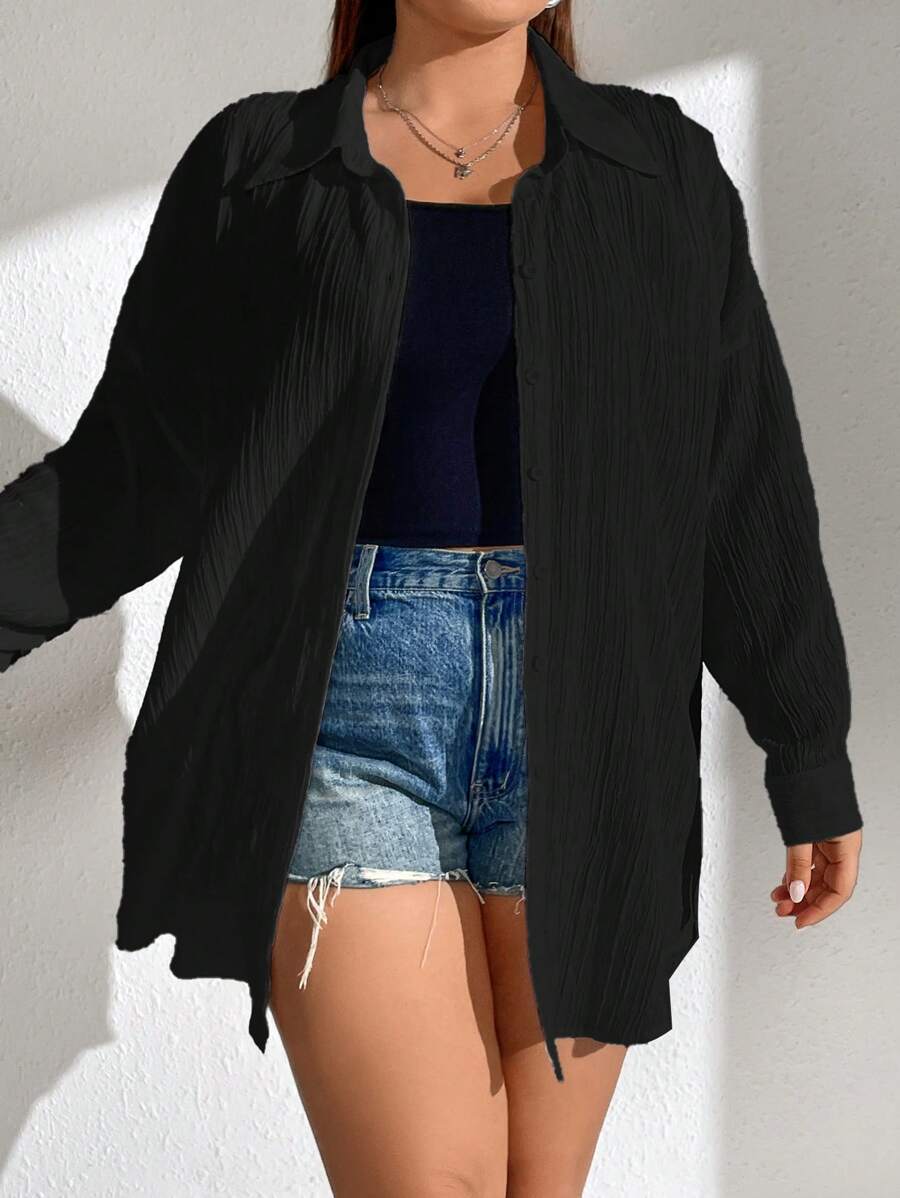 SHEIN EZwear 大碼落肩袖前紐扣襯衫