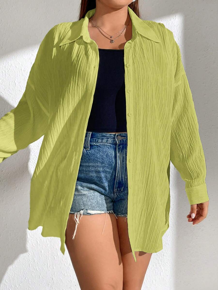 SHEIN EZwear 大碼落肩袖前紐扣襯衫