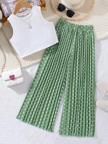 SHEIN 女孩實色背心和波點印花寬腿褲 - 彩色 - 查看 1