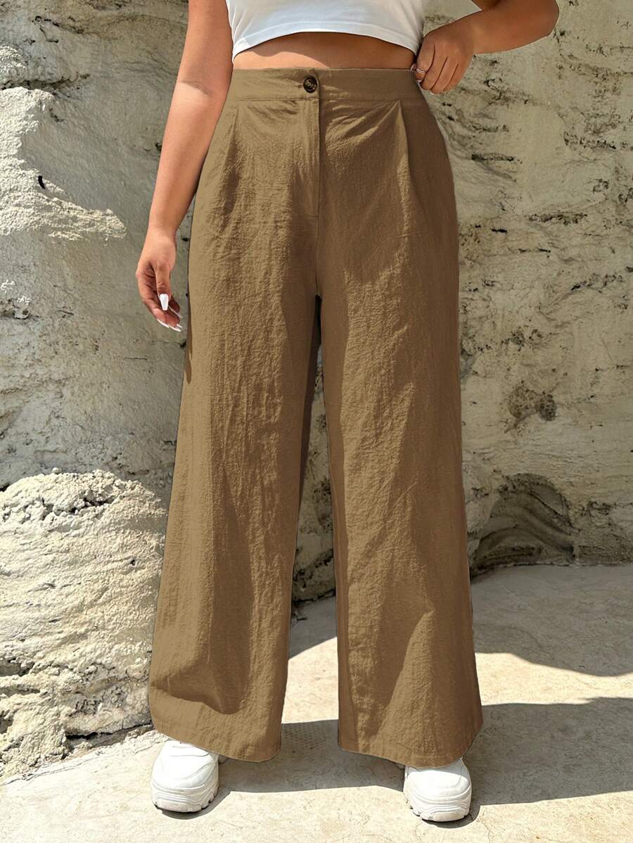 SHEIN EZwear Plus Wide Leg Pants - Brown - View 1