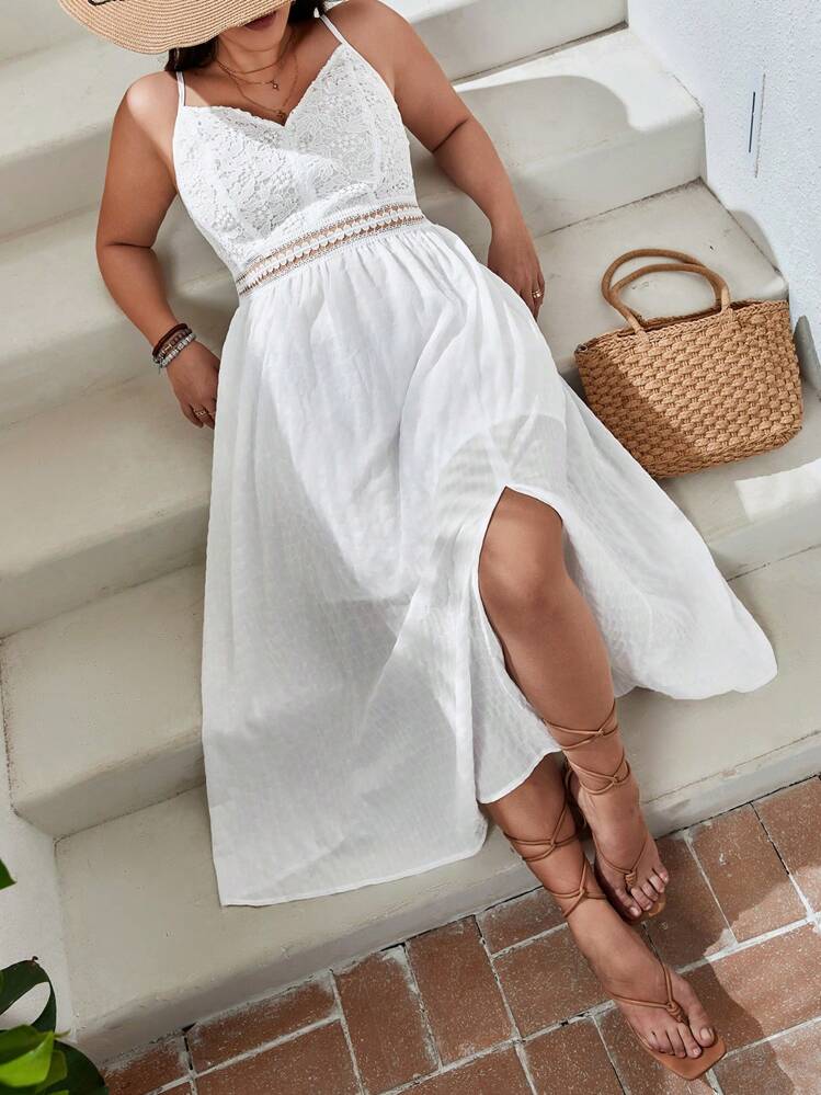 SHEIN VCAY גזור שרוך ניגוד ירך חצוי פשוט אלגנטי שמלה במידה גדולה - לבן - ראה 1