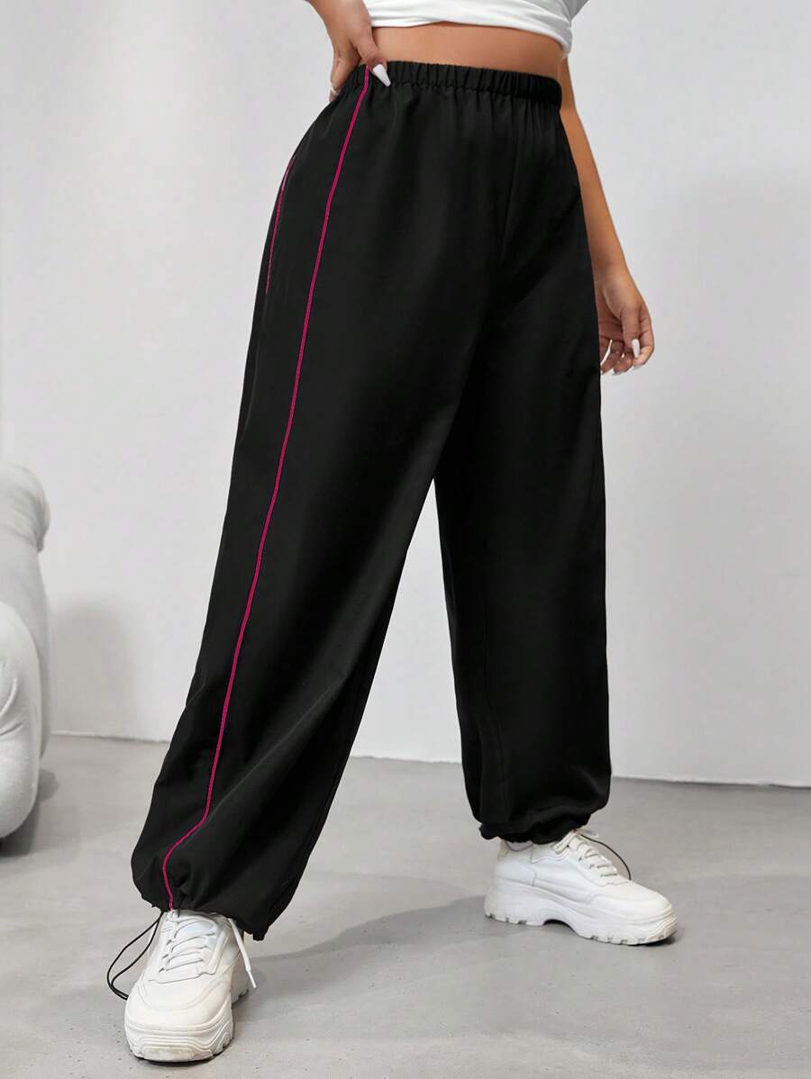 SHEIN EZwear Plus Contrast Piping Drawstring Hem Trousers - Black - View 1