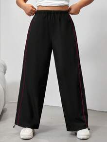 SHEIN EZwear Plus Contrast Piping Drawstring Hem Trousers - Black - View 4