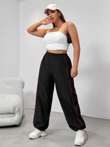 SHEIN EZwear Plus Contrast Piping Drawstring Hem Trousers - Black - View 5