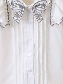 SHEIN Toddler Girls Ruffle Trim Puff Sleeve Pleated Detail Blouse - White - View 5