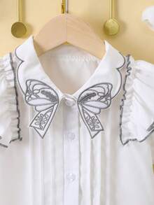 SHEIN Toddler Girls Ruffle Trim Puff Sleeve Pleated Detail Blouse - White - View 6