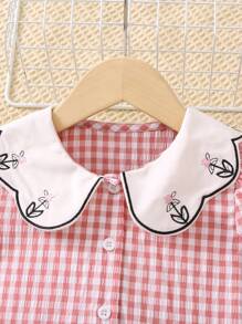 SHEIN Bộ thời trang bé gái Nút phía trước Thêu viền lá sen Hoa Kẻ sọc Dễ thương - Nhiều màu - Xem 6