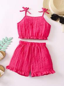 SHEIN 年轻女孩玫瑰色纯色两件套适合度假和城市街道用细肩带，夏季 - 玫紅色 - 查看 1