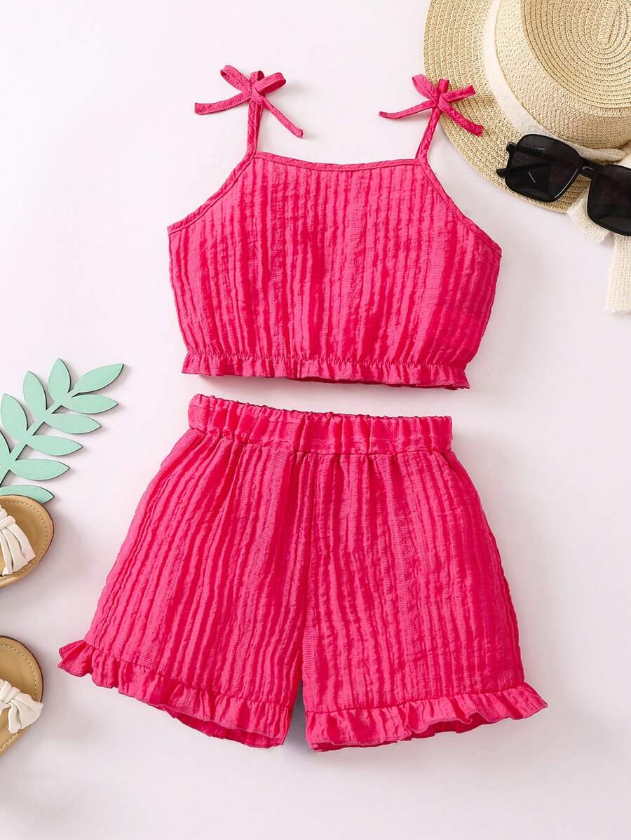 SHEIN 年轻女孩玫瑰色纯色两件套适合度假和城市街道用细肩带，夏季 - 玫紅色 - 查看 1