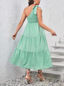 SHEIN VCAY Đầm Plus Size Thắt nút Viên lá sen Dải chun màu trơn Boho - Màu xanh Bạc hà - Xem 2