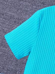 SHEIN Bộ hai mảnh Trai Đắp vá Gân đan Lá thư Giải trí - Màu xanh bạc hà - Xem 3