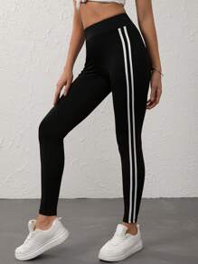 Flirla Striped Side Leggings Fall Cloth For Women - Black - View 4