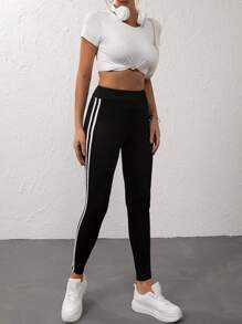 Flirla Striped Side Leggings Fall Cloth For Women - Black - View 6