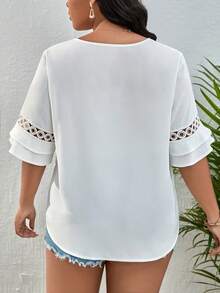 Celure Plus Tie Neck Guipure Lace Insert Flounce Sleeve Blouse - White - View 2