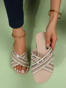 Women Criss Cross Sequin & Faux Pearl Decor Flat Sandals, Polyester Fashionable Slide Sandals For Outdoor - Beige - View 1
