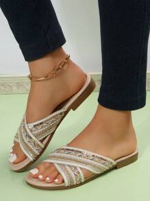 Women Criss Cross Sequin & Faux Pearl Decor Flat Sandals, Polyester Fashionable Slide Sandals For Outdoor - Beige - View 2