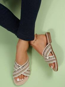 Women Criss Cross Sequin & Faux Pearl Decor Flat Sandals, Polyester Fashionable Slide Sandals For Outdoor - Beige - View 6