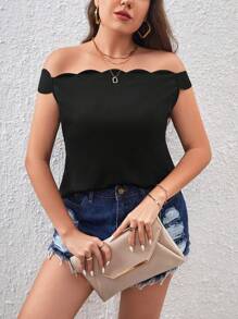 SHEIN Privé áo nữ kích thước lớn Sò điệp màu trơn Giải trí - màu đen - Xem 1
