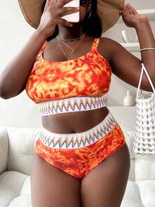 SHEIN Swim Curve 加大尺碼Tie Dye Chevron Tape比基尼套裝，適用於夏季海灘 - 彩色 - 查看 5