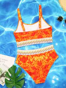 SHEIN Swim Curve 加大尺碼Tie Dye Chevron Tape比基尼套裝，適用於夏季海灘 - 彩色 - 查看 7