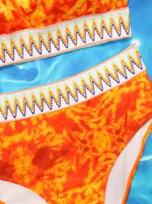 SHEIN Swim Curve 加大尺碼Tie Dye Chevron Tape比基尼套裝，適用於夏季海灘 - 彩色 - 查看 10