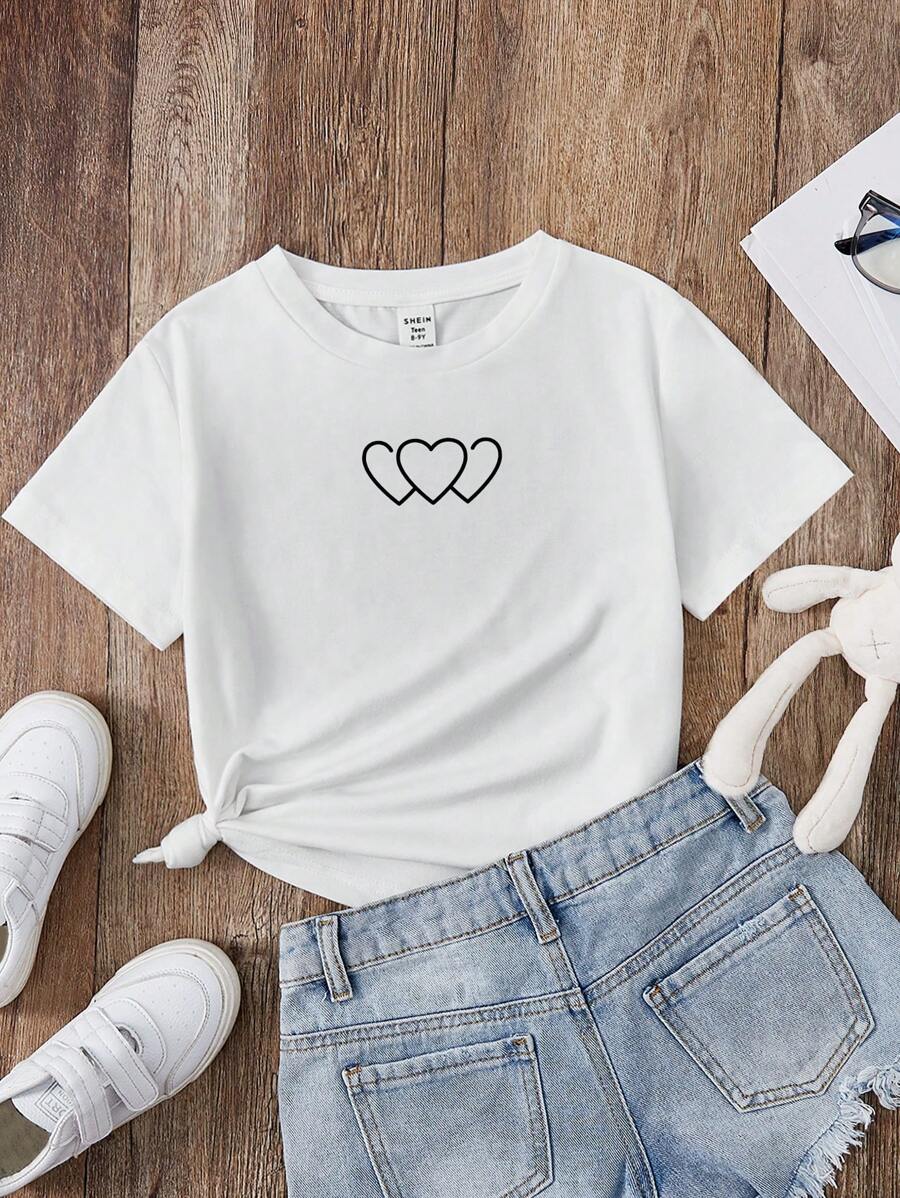 SHEIN Camiseta con estampado de corazón para adolescentes, adecuada para uso casual diario - Blanco - Ver 1