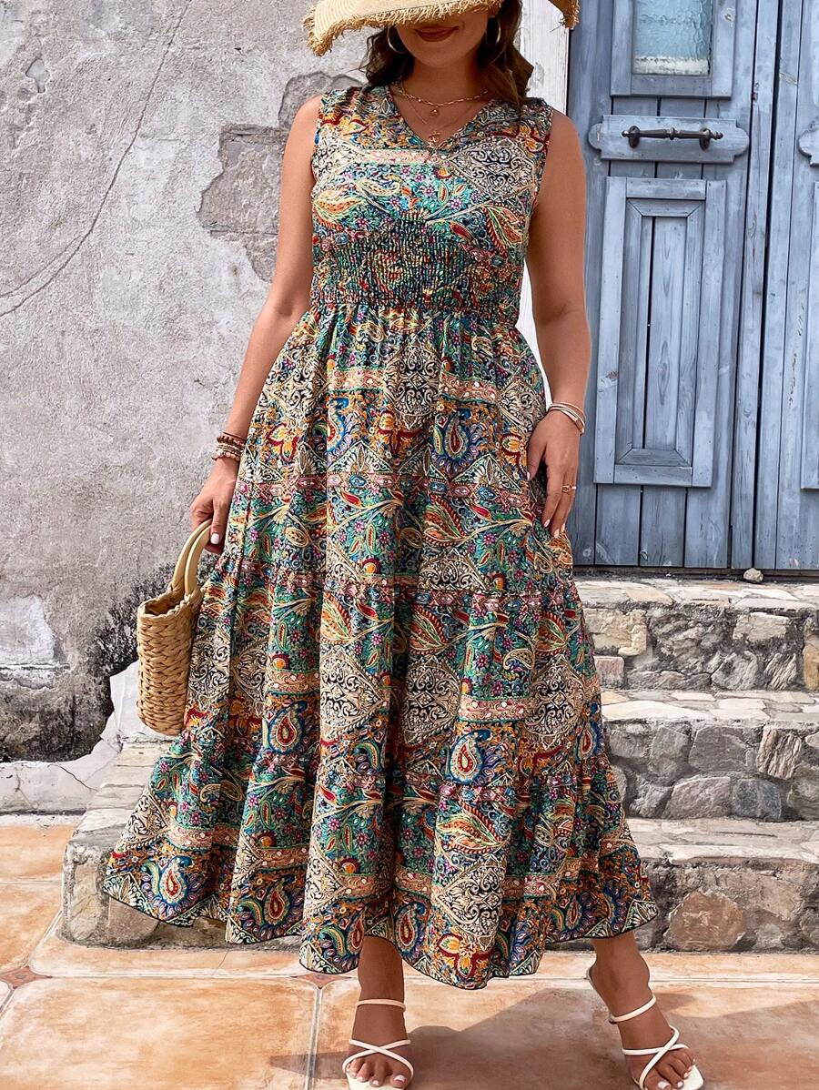 SHEIN VCAY Vestido con estampado de paisley bajo con fruncido - Multicolor - Ver 1