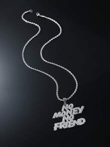 1pc Full Rhinestone No Money No Friend English Letter Pendant Necklace For Men Hip Hop Style Gift, For Jewelry Gift And Party - Silver - View 1
