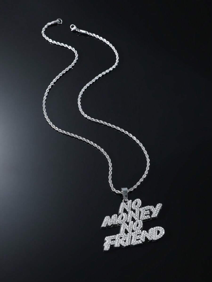 1pc Full Rhinestone No Money No Friend English Letter Pendant Necklace For Men Hip Hop Style Gift, For Jewelry Gift And Party - Silver - View 1