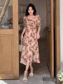 DAZY Floral Print Puff Sleeve Split Thigh Dress Sundress Easter - Multicolor - View 1