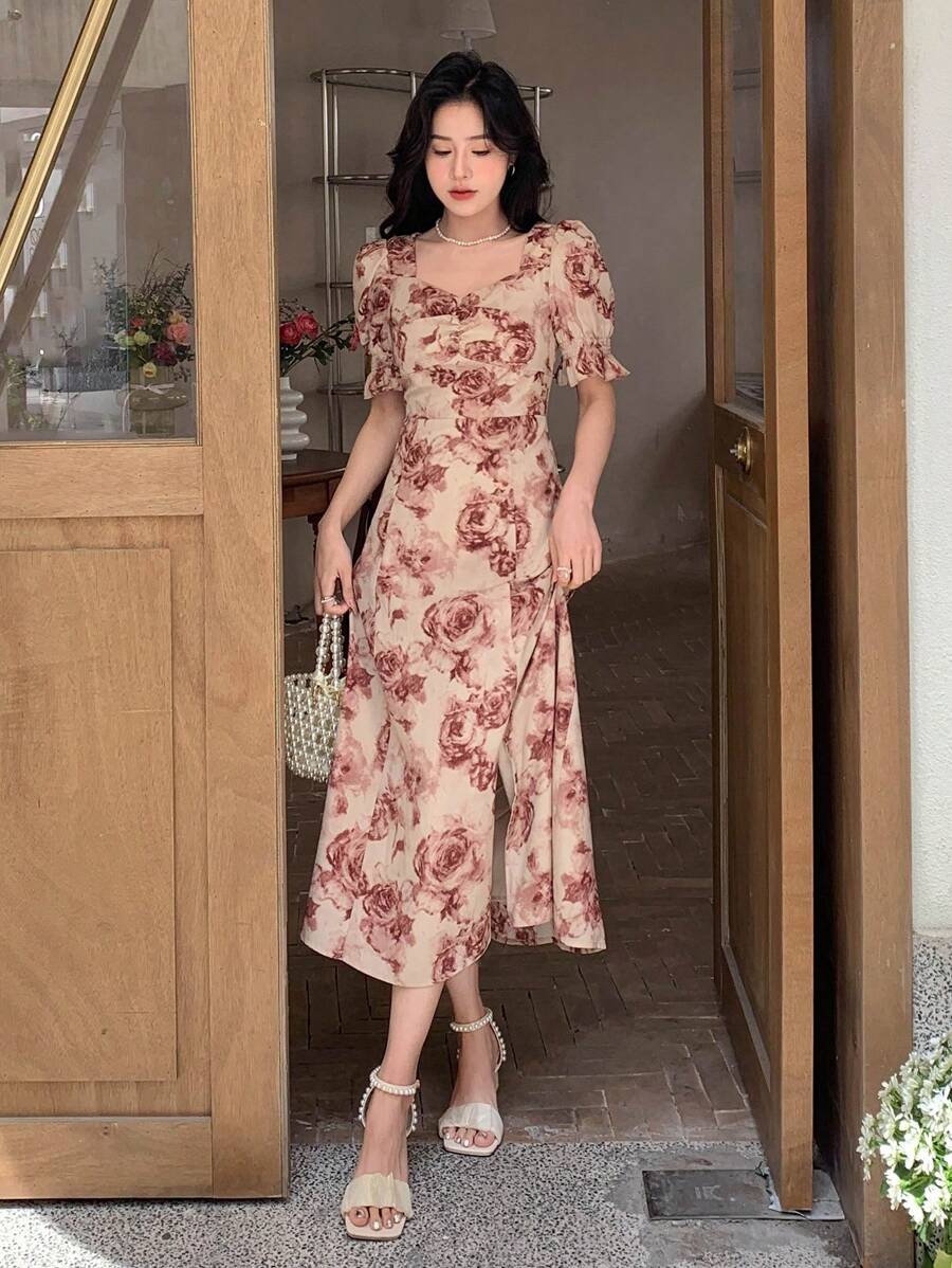 DAZY Floral Print Puff Sleeve Split Thigh Dress Sundress Easter - Multicolor - View 1