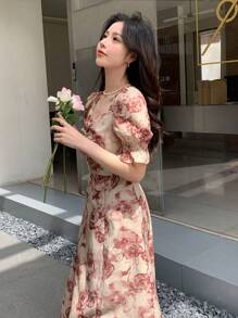 DAZY Floral Print Puff Sleeve Split Thigh Dress Sundress Easter - Multicolor - View 5