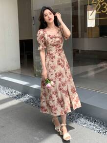DAZY Floral Print Puff Sleeve Split Thigh Dress Sundress Easter - Multicolor - View 6