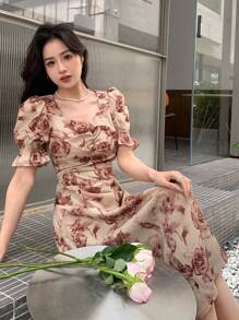 DAZY Floral Print Puff Sleeve Split Thigh Dress Sundress Easter - Multicolor - View 7
