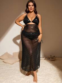 Bộ bikini tam giác có đính kim cương cỡ lớn có che chắn bãi biển mùa hè - màu đen - Xem 4