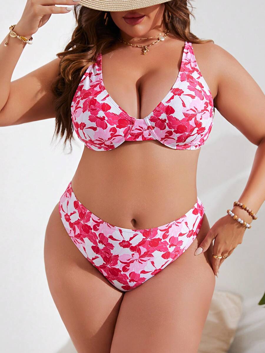 SHEIN Swim Curve Plus Size Floral Print Underwire Bikini Set Summer Beach - Pink - View 1