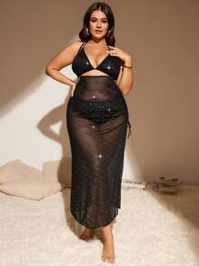 Bộ bikini tam giác có đính kim cương cỡ lớn có che chắn bãi biển mùa hè - màu đen - Xem 5