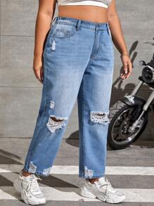 SHEIN EZwear Plus High Waist Ripped Mom Fit Jeans - Light Wash - View 4