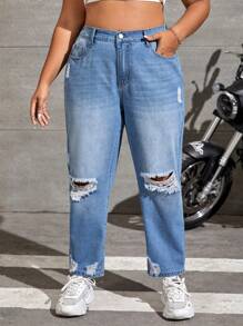 SHEIN EZwear Plus High Waist Ripped Mom Fit Jeans - Light Wash - View 5