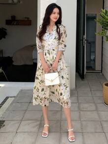 DAZY Floral Print Puff Sleeve Dress - Green - View 4