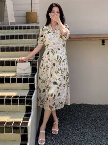 DAZY Floral Print Puff Sleeve Dress - Green - View 6