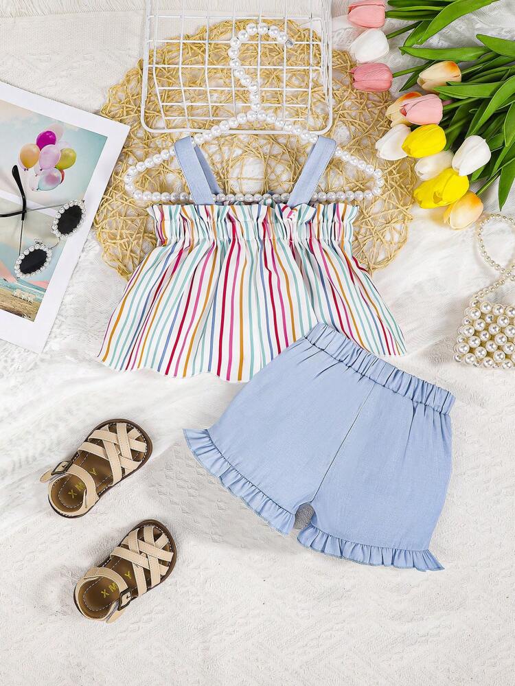 Baby Girl Striped Bow Front Cami Top & Ruffle Hem Shorts