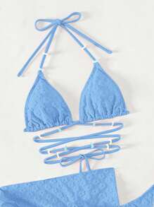 Swim Mod Summer Beach Plain Halter Triangle Bikini Set With Beach Skirt - Blue - View 3